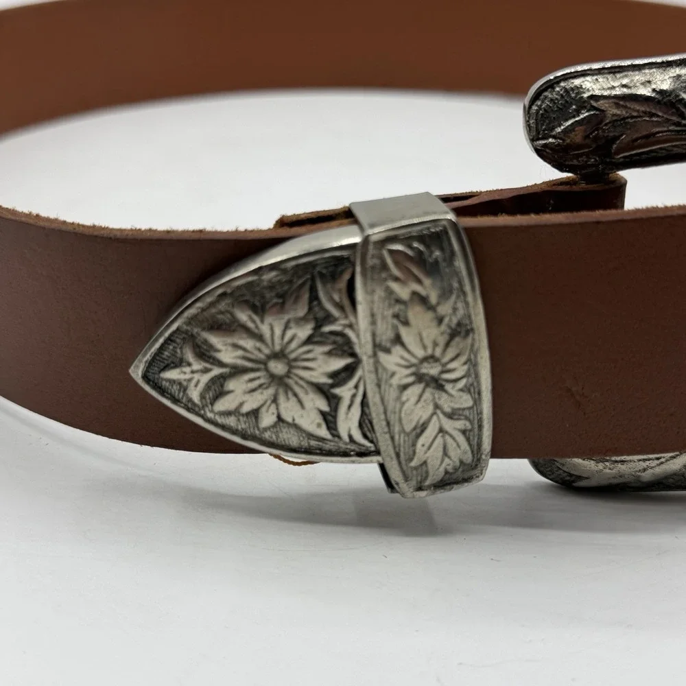 Vintage Capezio Brown Leather Belt Western Boho Floral Silver Buckle Measure 36